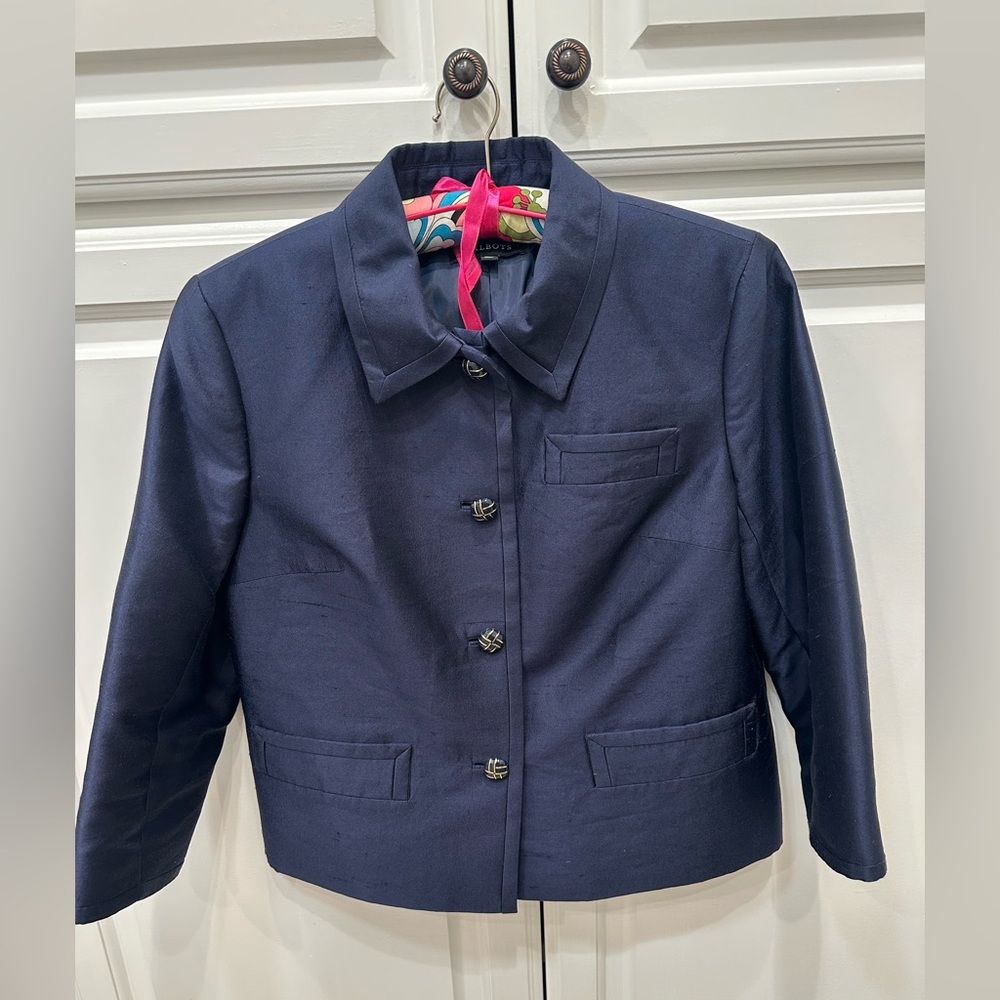 Talbots Navy Cropped Blazer with Button Front